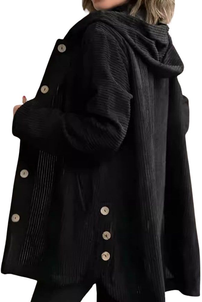 chouyatou Women's Fall Corduroy Jacket with Hood Casual Button Down Hooded Loose Corduroy Jackets with Pockets