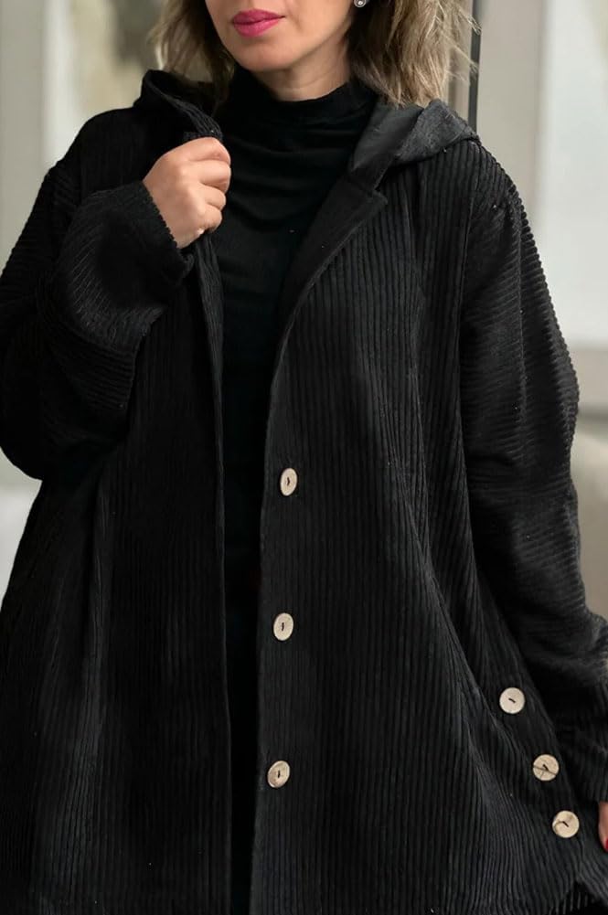 chouyatou Women's Fall Corduroy Jacket with Hood Casual Button Down Hooded Loose Corduroy Jackets with Pockets