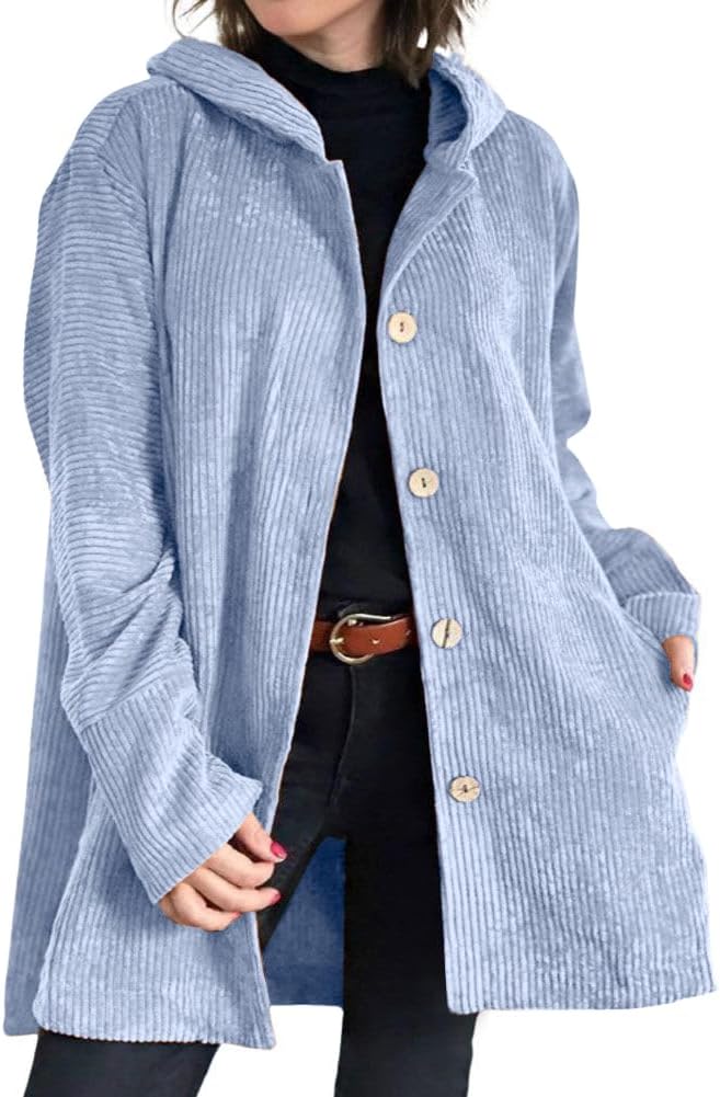 chouyatou Women's Fall Corduroy Jacket with Hood Casual Button Down Hooded Loose Corduroy Jackets with Pockets