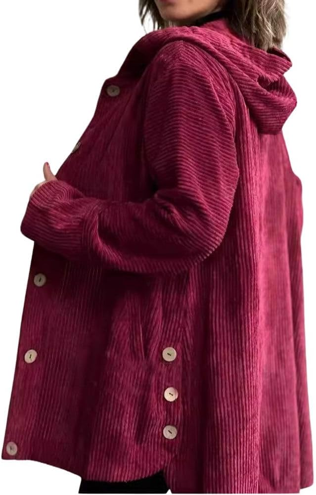 chouyatou Women's Fall Corduroy Jacket with Hood Casual Button Down Hooded Loose Corduroy Jackets with Pockets
