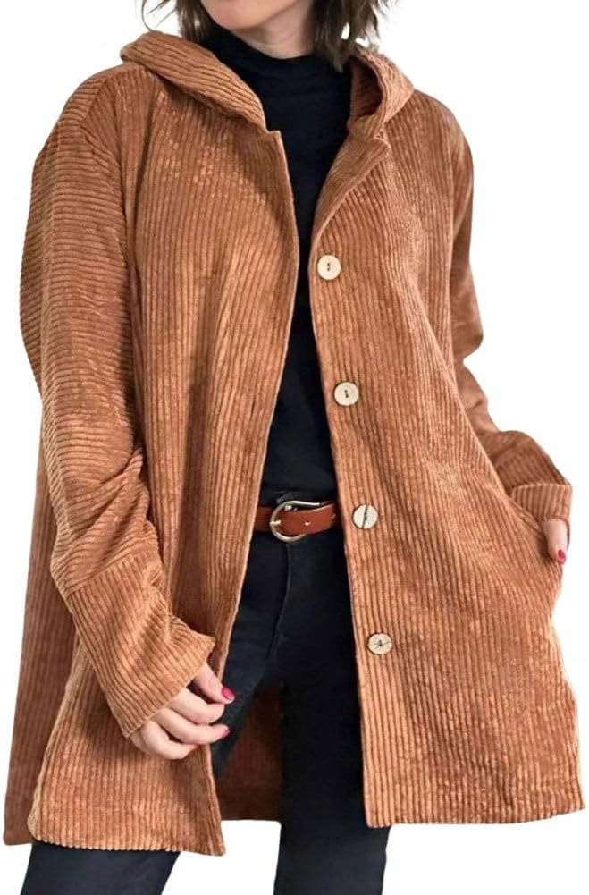 chouyatou Women's Fall Corduroy Jacket with Hood Casual Button Down Hooded Loose Corduroy Jackets with Pockets