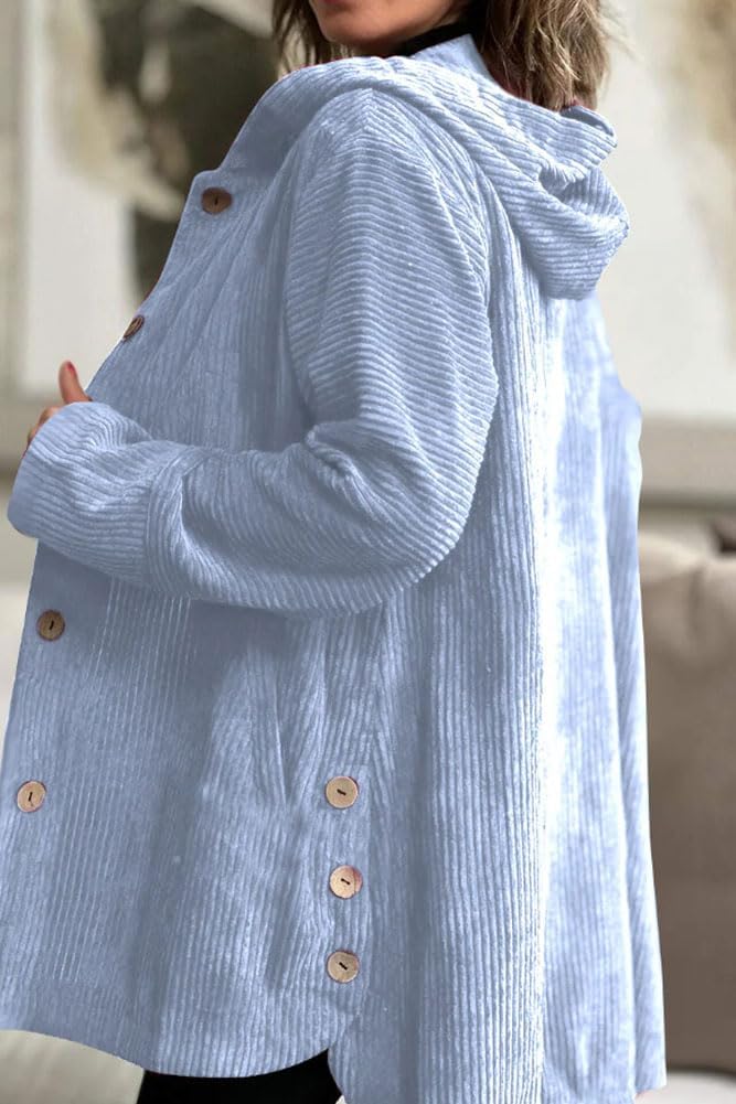 chouyatou Women's Fall Corduroy Jacket with Hood Casual Button Down Hooded Loose Corduroy Jackets with Pockets