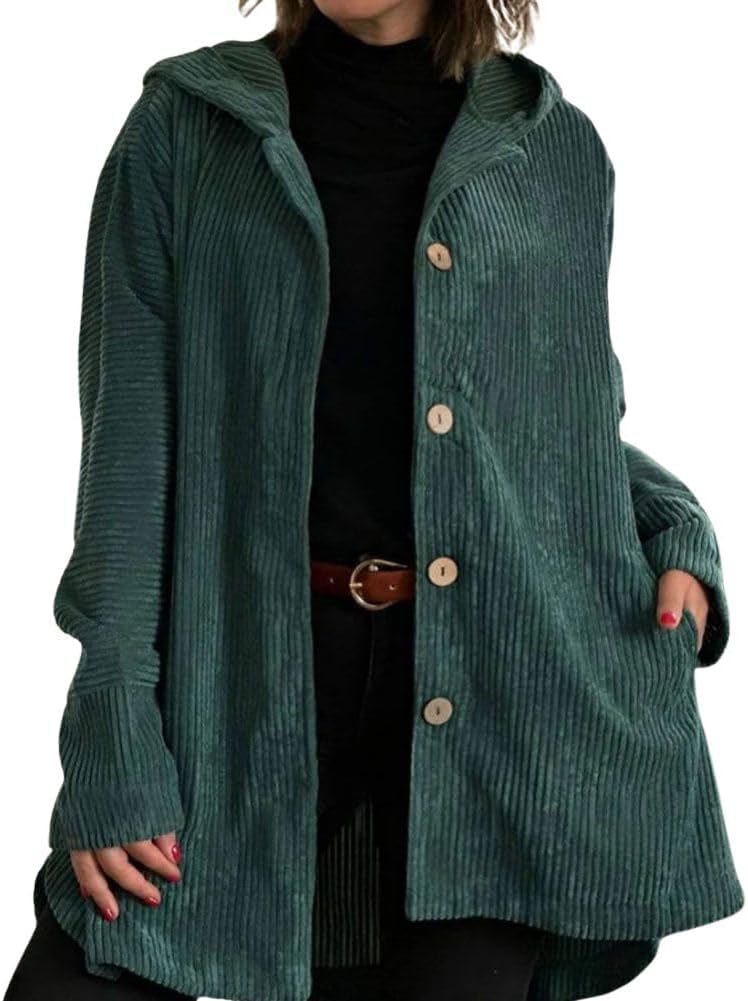 chouyatou Women's Fall Corduroy Jacket with Hood Casual Button Down Hooded Loose Corduroy Jackets with Pockets