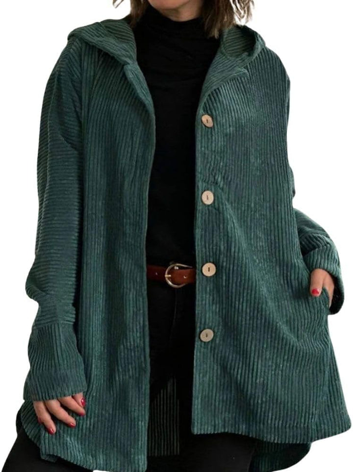 chouyatou Women's Fall Corduroy Jacket with Hood Casual Button Down Hooded Loose Corduroy Jackets with Pockets